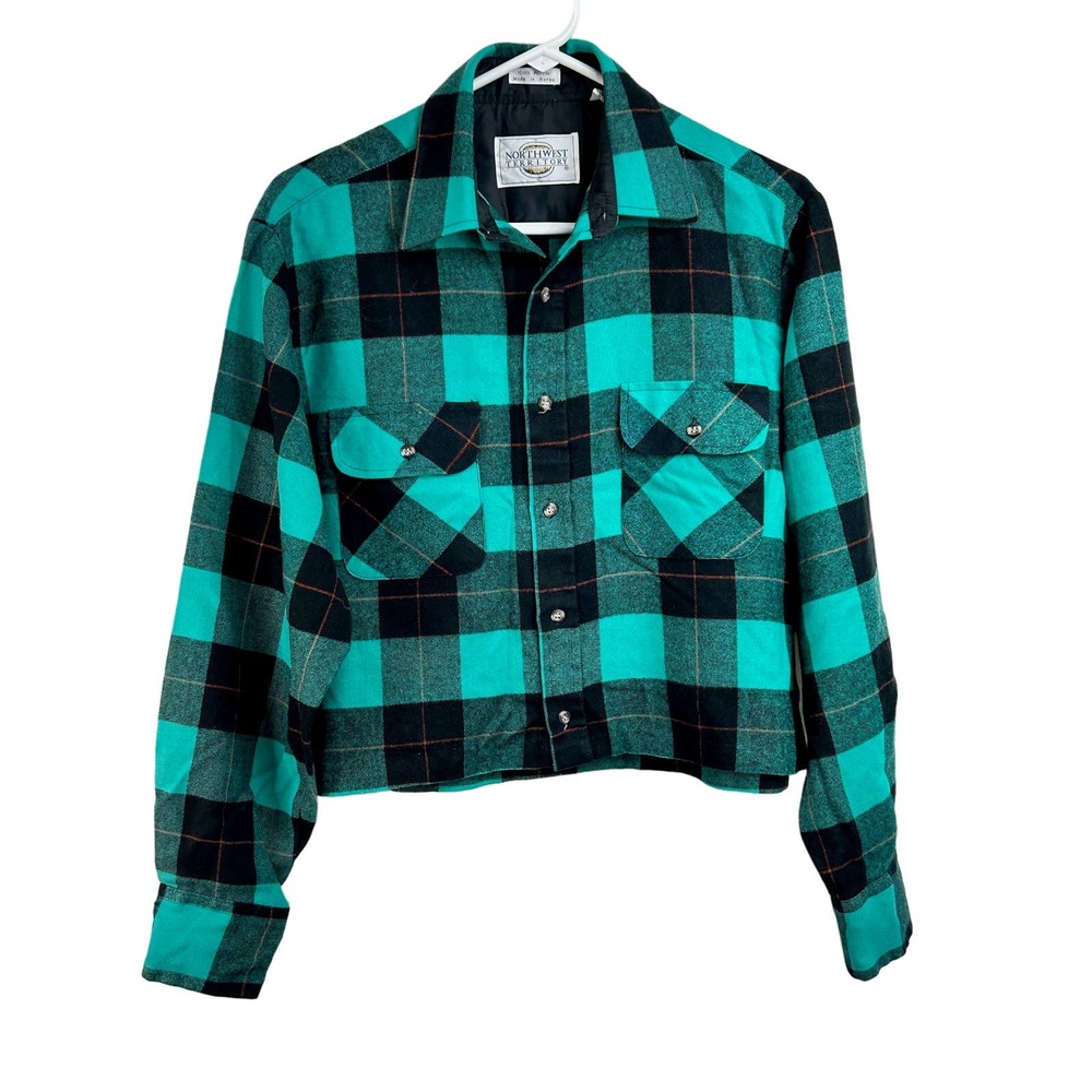 Northwest Territory Acrylic Green Black Flannel Button‎ Crop Top Juniors Size M